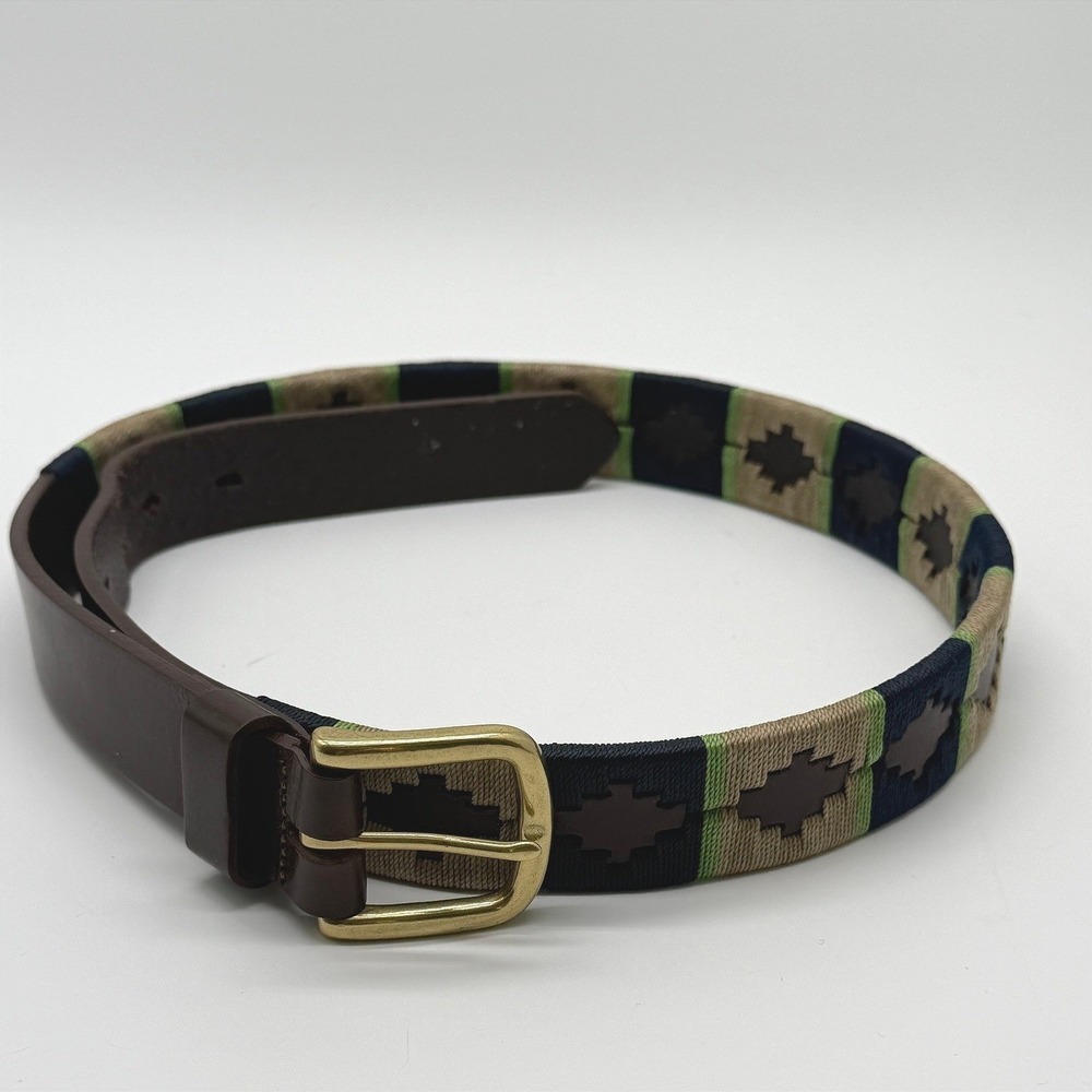 Sid Mashburn Polo Belt Mens 34 Brown Leather Woven Embroidered Geometric